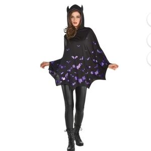 Black Hooded Cape with Shiny Purple Bat Motif